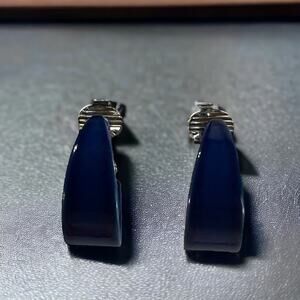 Vintage Blue Metal Chunky Clip-On Hoop Earrings
